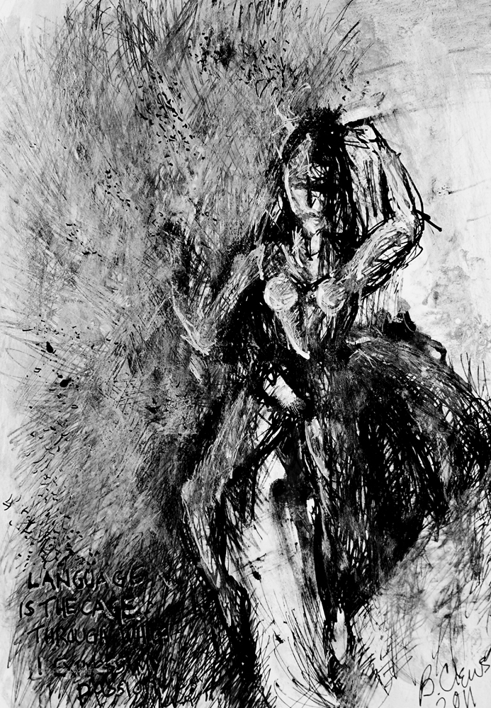 11 “LANGUAGE IS THE CAGE THROUGH WHICH I EXPRESS MY PASSION”, 2011, 8” x 11.5”, India and acrylic ink, gel pen, oil paint, Moleskine sketchbook.