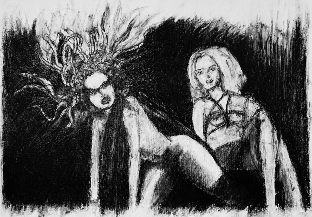 26 The Poet [or Artist] & Her Muse, 2012, 12” x 17”, charcoal on primed canvas sheet.