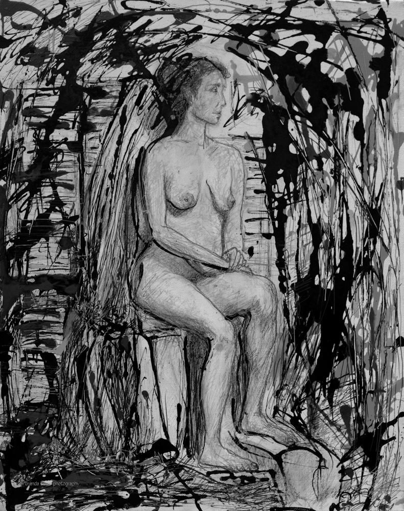 6 Woman Seated, Waiting, 2012, 16” x 20”, graphite, India and acrylic inks on stretched canvas.