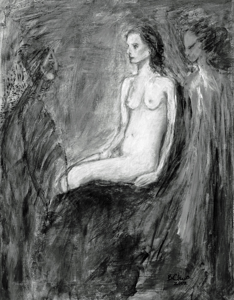 9 “Every Angel is terror. And yet, ah, knowing you, I invoke you, almost deadly birds of the soul” from Rilke, 2nd Duino Elegy, 2012, 18” x 24”, charcoal, acrylic, primed canvas sheet. 