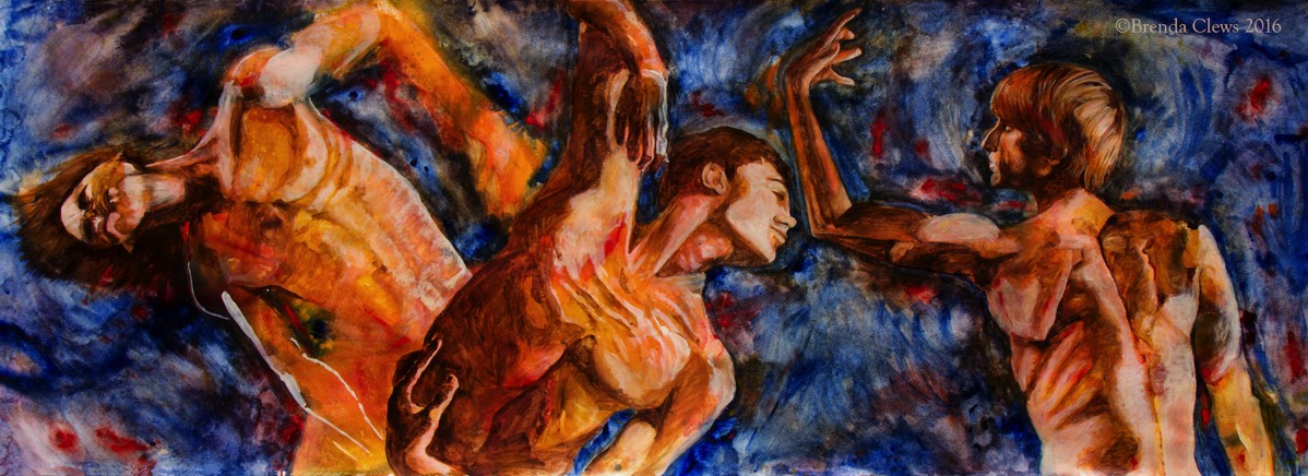 Arabesque, spiraling, undulating men, 2016, 2ft x 5ft 5in, watercolour on 140lb archival cold press watercolour paper